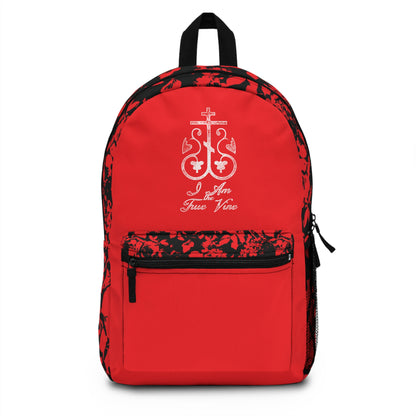 I Am the True Vine (John 15:1) | Orthodox Cross Vine Monogram | Red and Black Floral Design | Orthodox Christian Backpack