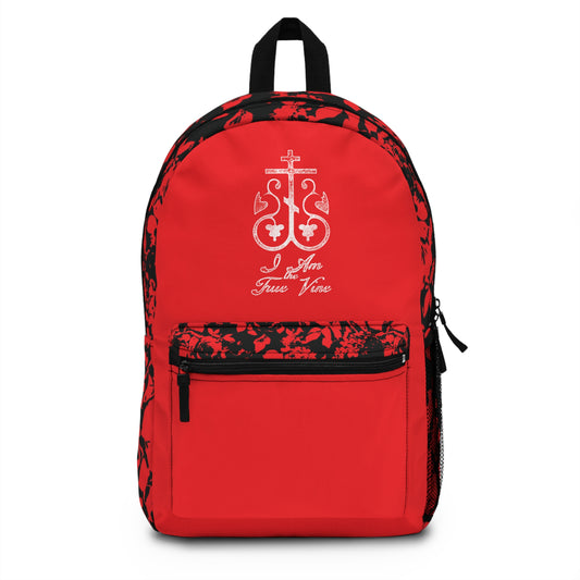 I Am the True Vine (John 15:1) | Orthodox Cross Vine Monogram | Red and Black Floral Design | Orthodox Christian Backpack