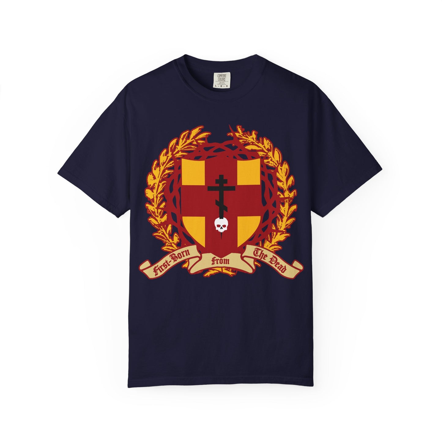 True Navy “First-Born from the Dead (Col 1:18)” heavyweight cotton unisex t-shirt features a heraldic shield with an Orthodox cross piercing a skull, adorned with red and gold crest details, a laurel wreath, crown of thorns, and a First-Born from the Dead banner—symbolizing redemption through His blood and alluding to the Exodus Bible verse about Egypt’s firstborns.