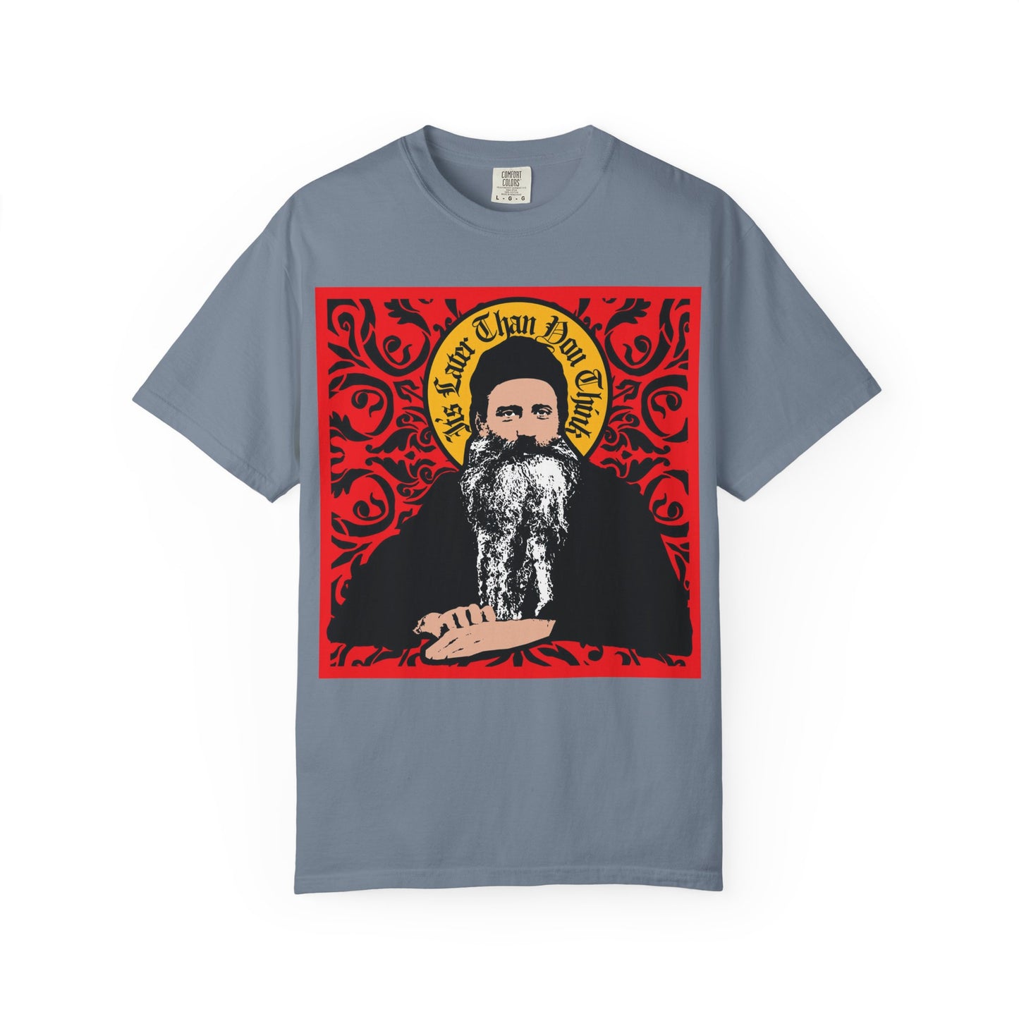 Blue Jean heavyweight cotton unisex tee featuring an icono-graphic style illustration of Saint Seraphim Rose of Platina with an ornate red design and the phrase "It's Later Than You Think" on the front.