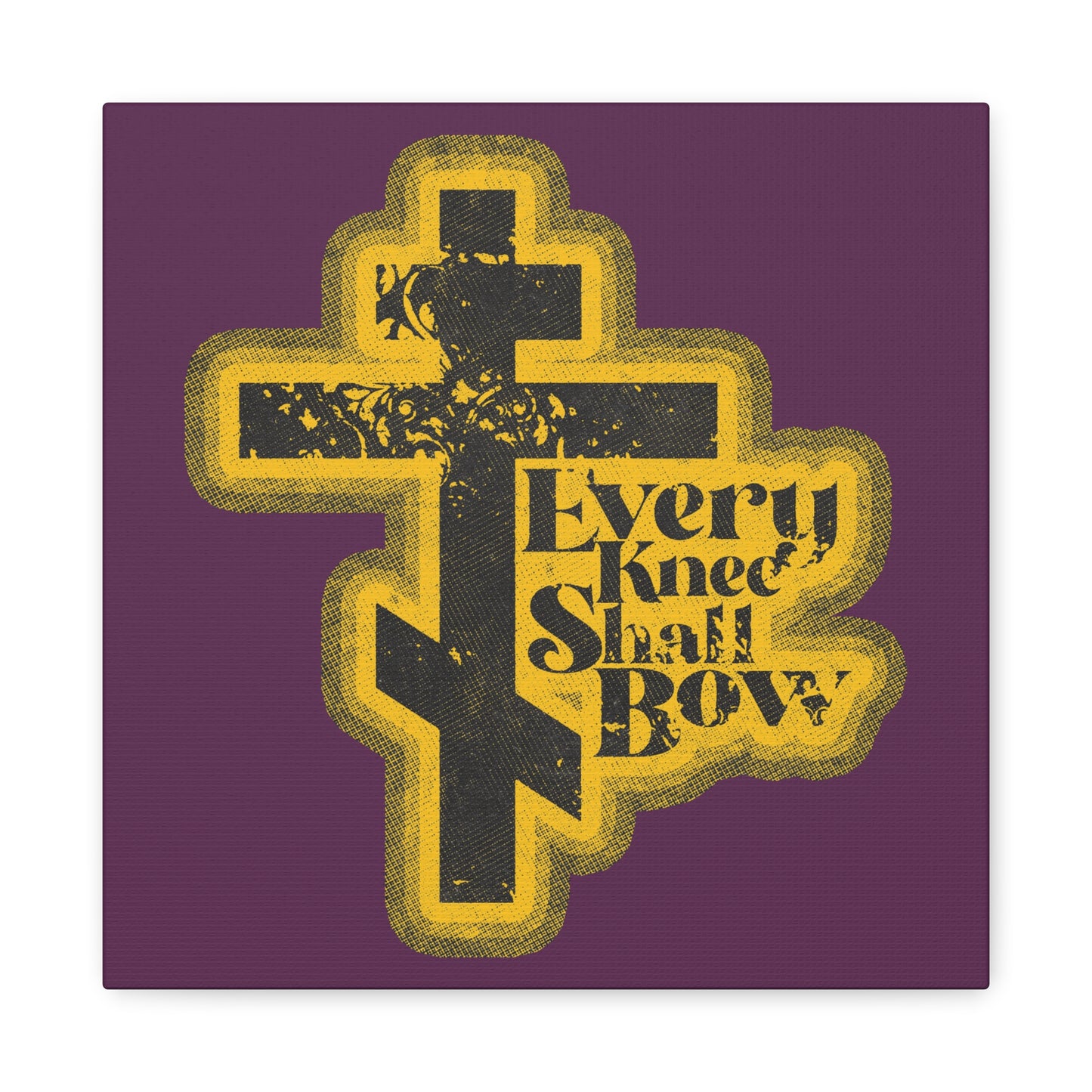 A 70s distressed halftone comic style black cross with yellow accents and "Every Knee Shall Bow—Philippians 2:10-11, Isaiah 45:23" on a dark purple background. Christian wall art.