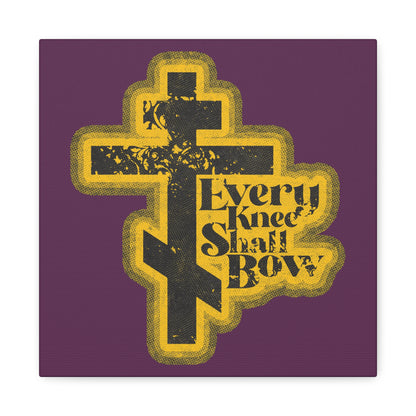 A 70s distressed halftone comic style black cross with yellow accents and "Every Knee Shall Bow—Philippians 2:10-11, Isaiah 45:23" on a dark purple background. Christian wall art.