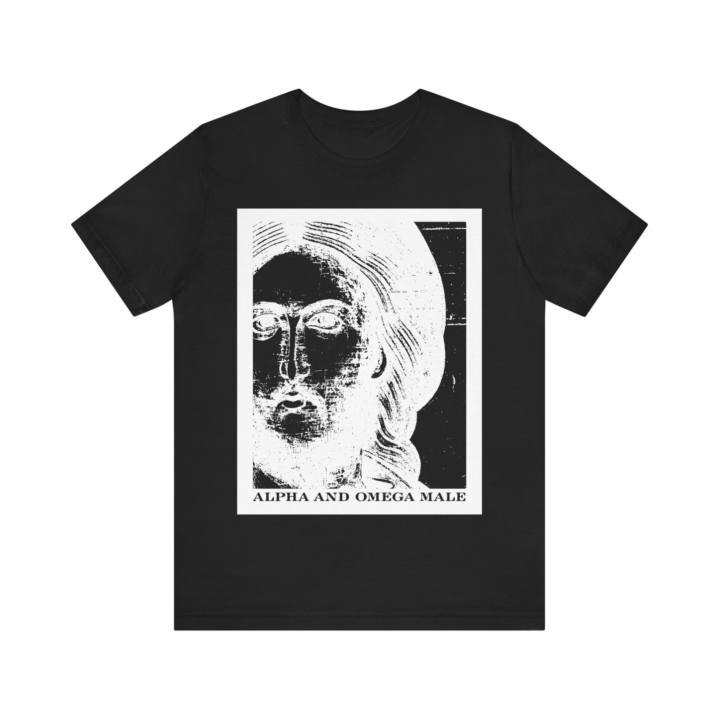 Black “Alpha & Omega Male” tee featuring a white, photonegative Jesus Christ iconographic graphic and “I am the Beginning & the End (Rev 22)” text. Orthodox Christian unisex cotton shirt.