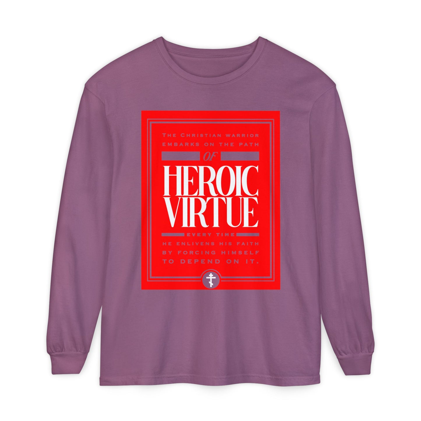 Berry long-sleeve shirt featuring "Christian Warrior | Path of Heroic Virtue" with an ascetic ethos and Phil 4:13 devotional quote—perfect faith-inspired apparel for those living all things through Christ.