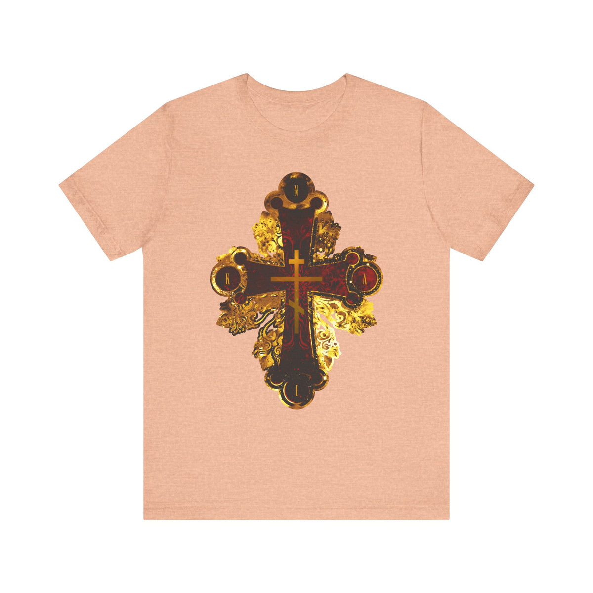 Heather peach unisex t-shirt featuring an ornate metallic style Orthodox NIKA cross in red and gold texture centered on the front, inspired by elegant motifs from Sessional Hymns of Tone 3 Tuesday Matins.
