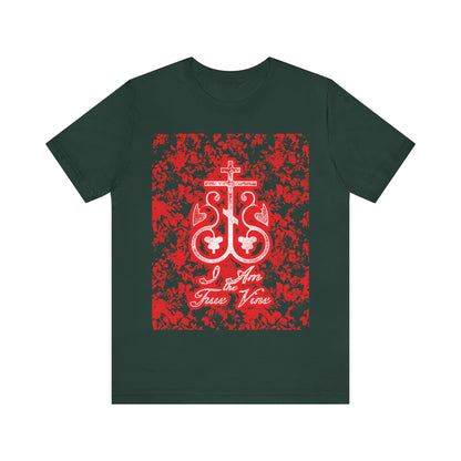 I Am the True Vine (John 15:1) | Orthodox Cross Vine Monogram | Red and Black Floral Design | Orthodox Christian T-Shirt