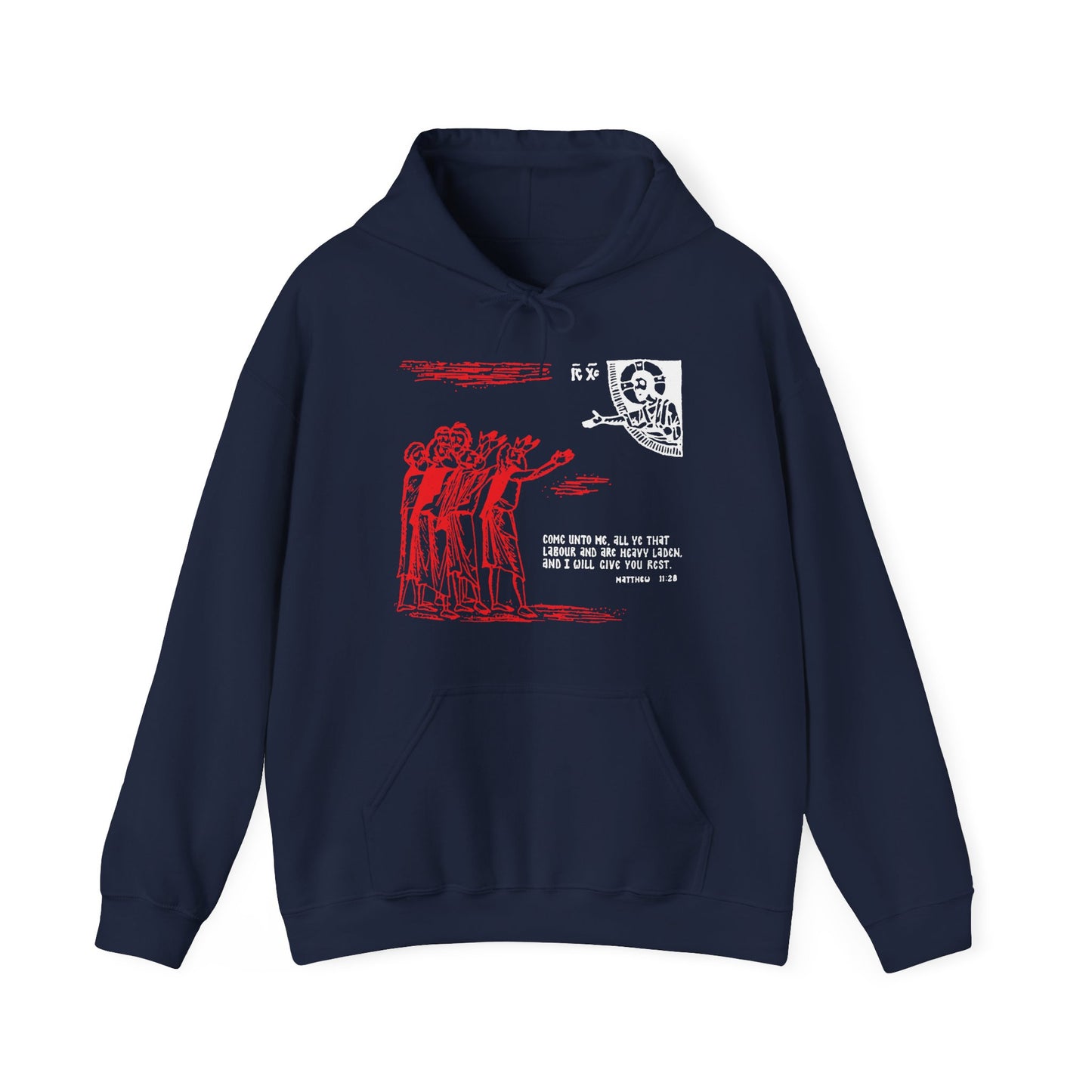 Navy "Come Unto Me All Ye That Labour & Are Heavy Laden (Matt. 11:28)" Orthodox Hoodie featuring red iconographic line art, white text, and a stylized face graphic inspired by St Cyril of Alexandria’s teachings.