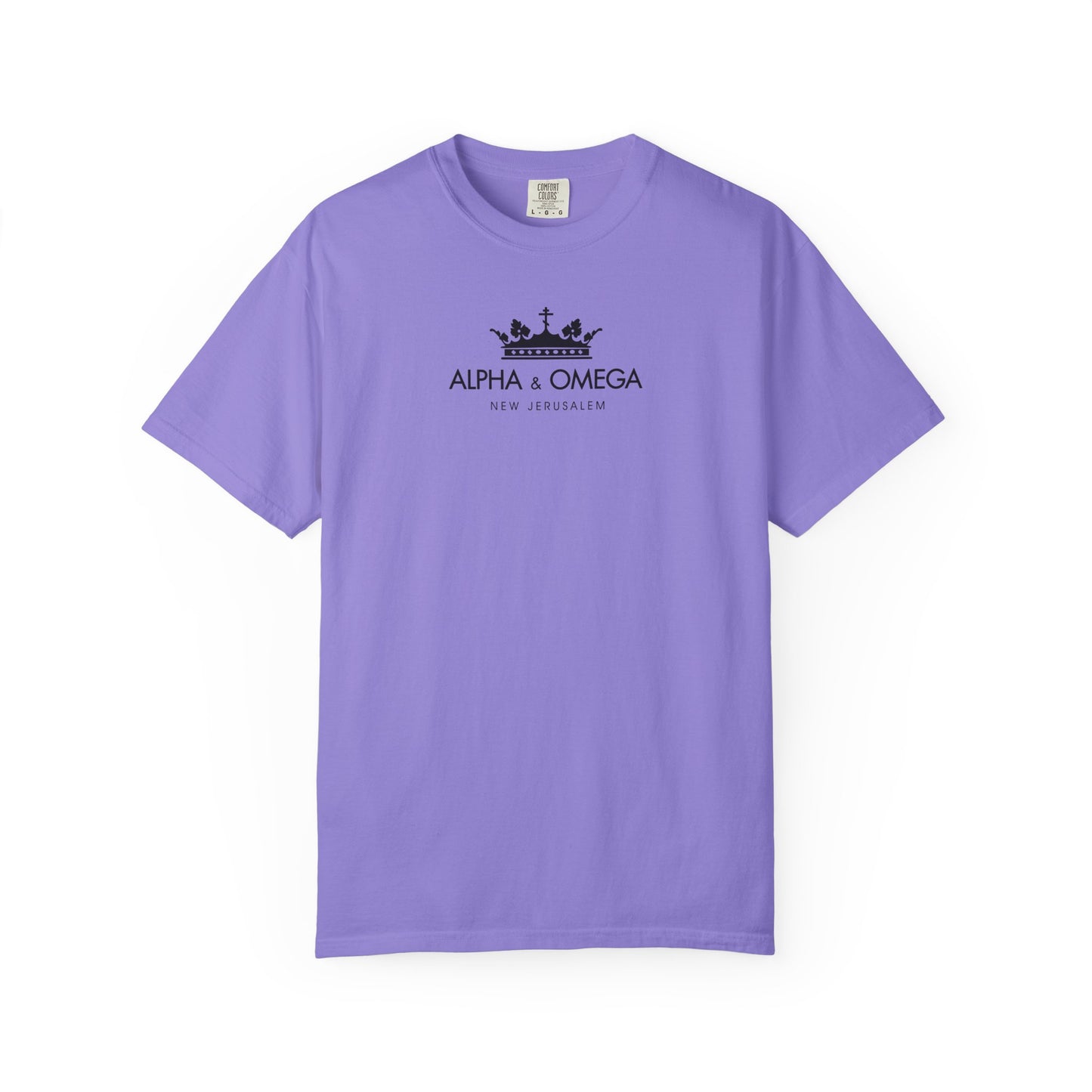 Violet heavyweight cotton unisex t-shirt featuring a black crown graphic with Orthodox cross and the text “Alpha & Omega New Jerusalem” on the front, inspired by Revelation and symbolizing Christ as the Eternal Tao.