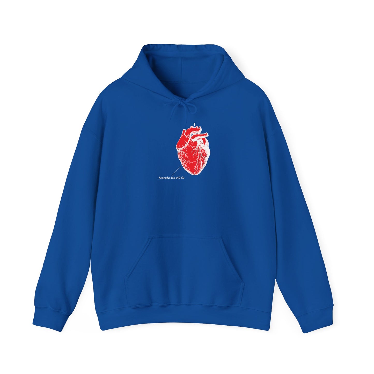 This Royal Gildan 18500 hoodie, named Remember You Will Die | Retro Medical Textbook Heart Design | Inverted Shadows | Orthodox Christian, features a red anatomical heart and the phrase Anatomy out of love, merging style with athletic streetwear vibes.