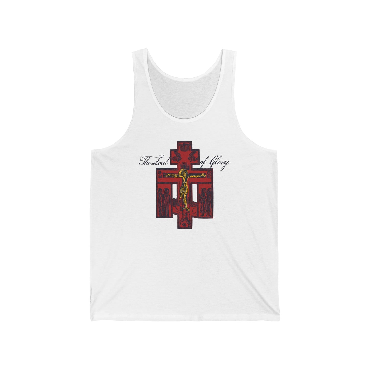White cotton tank top featuring the Russian Golgotha Crucifix icon, “The Lord of Glory,” and 1 Corinthians 2:8—a unique Orthodox Christian design that celebrates the wisdom of God.