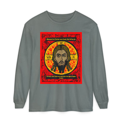 The "Made Without Hands" long-sleeve shirt by Remembrance of Death features a bold red, black, and yellow icon of Jesus Christ (Mandylion) with ornate decorations and the text: "Blessed is Christ our God, He-Who-Is.