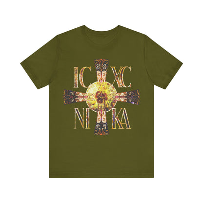 ICXC NIKA Celtic Style Equal Armed Cross | Bright Solar Texture | Orthodox Christian T-Shirt