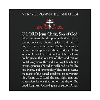Black square featuring a white and red ornate cross above "Prayer Against the Antichrist By Elder Anatoly the Younger of Optina" in white text. Orthodox Christian wall art inspired by Christ is King and the Book of Revelation.