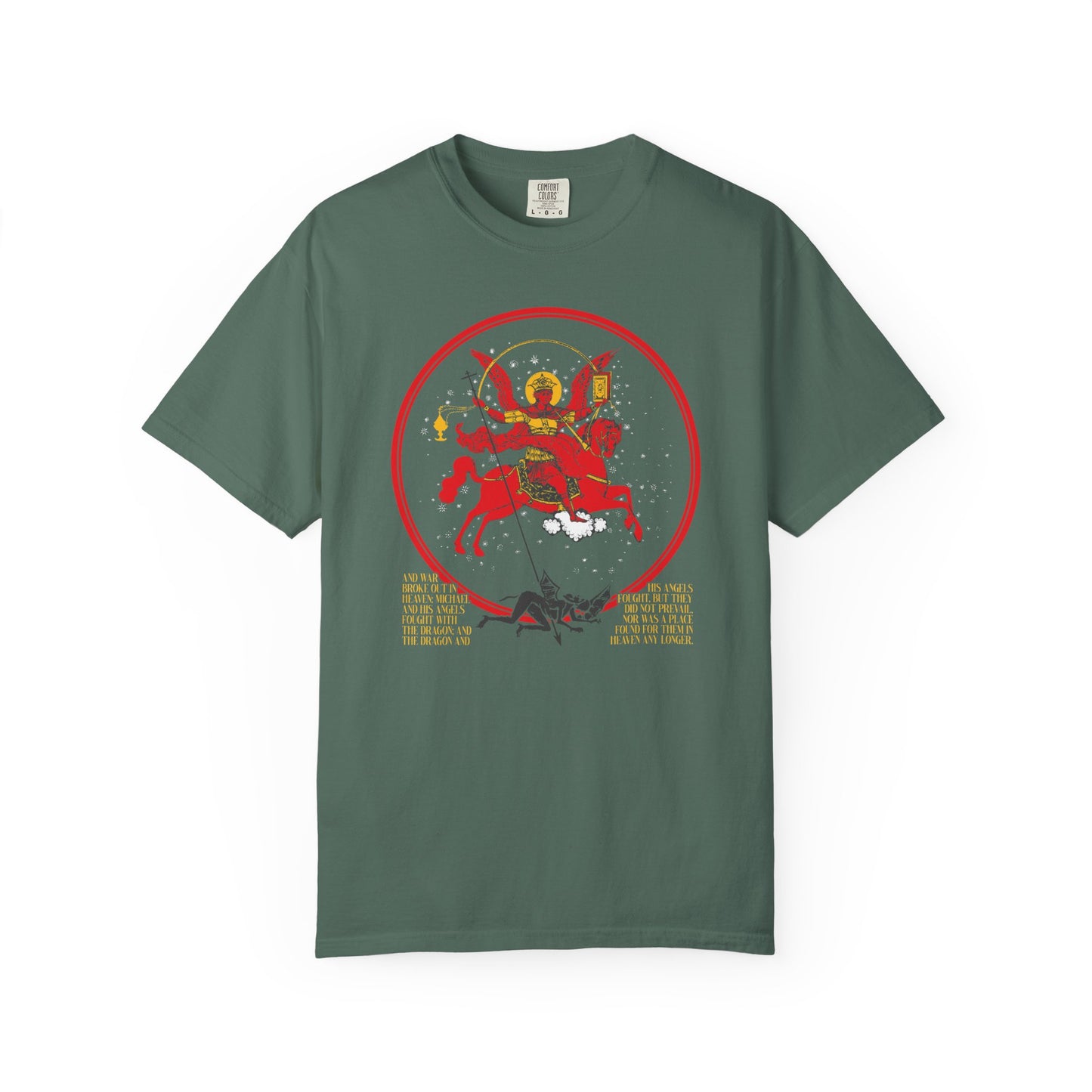 Blue Spruce heavyweight cotton tee featuring a double-sided Orthodox icon graphic of Archangel Michael slaying a dragon, inspired by Revelation 12, with gold “Death is Swallowed Up In Victory” text underneath.