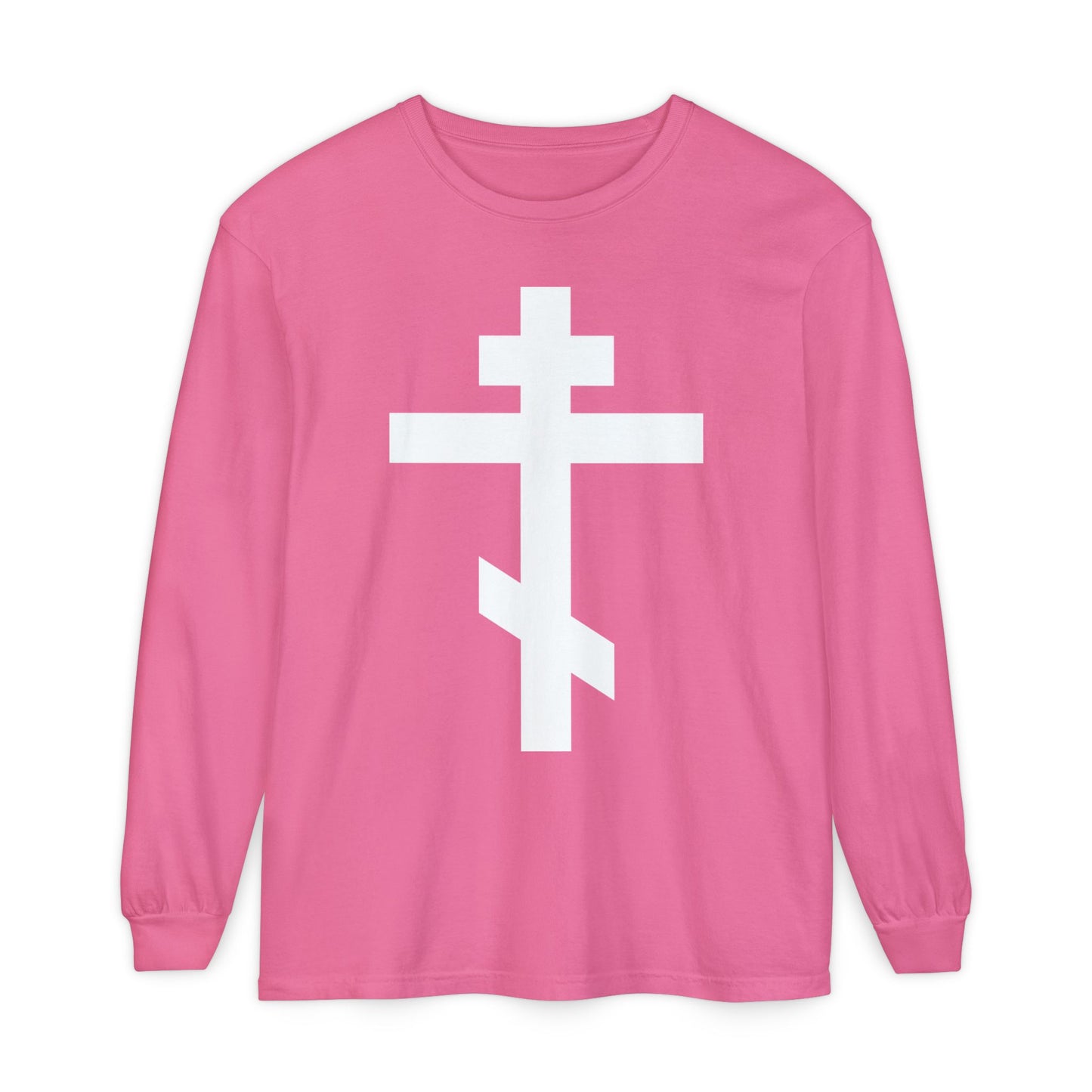 Pink long-sleeve shirt featuring a large white Orthodox cross and the message: "May I never boast, except in the cross of our Lord Jesus Christ" (Gal 6:14), inspired by St. John of Kronstadt.
