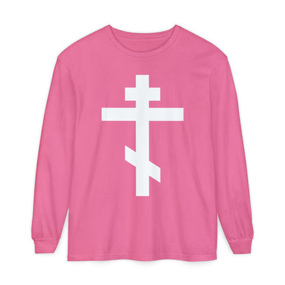 Pink long-sleeve shirt featuring a large white Orthodox cross and the message: "May I never boast, except in the cross of our Lord Jesus Christ" (Gal 6:14), inspired by St. John of Kronstadt.