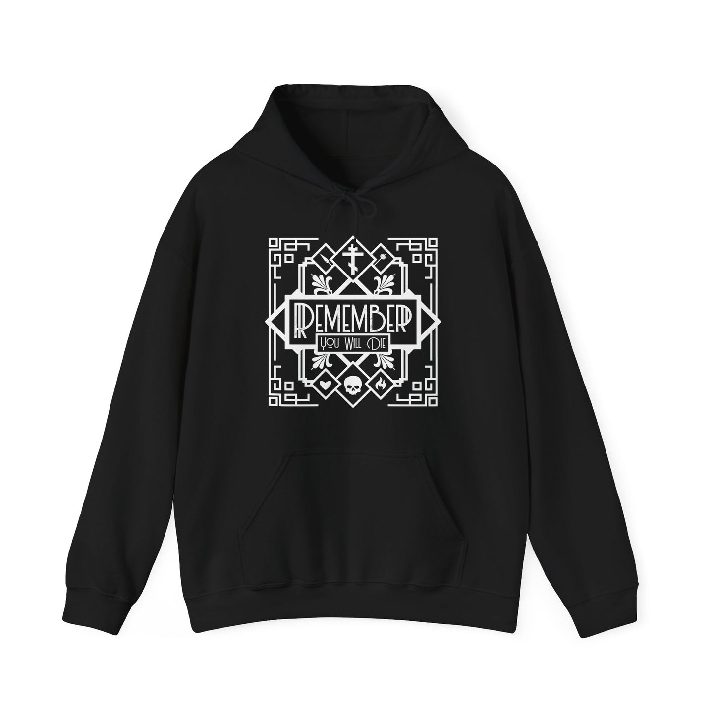 Black "Remember You Will Die" Orthodox Christian hoodie in Art Deco style with white skull, heart, and fire line art; a memento mori inspired by Tuesday Vespers and Tone 6.