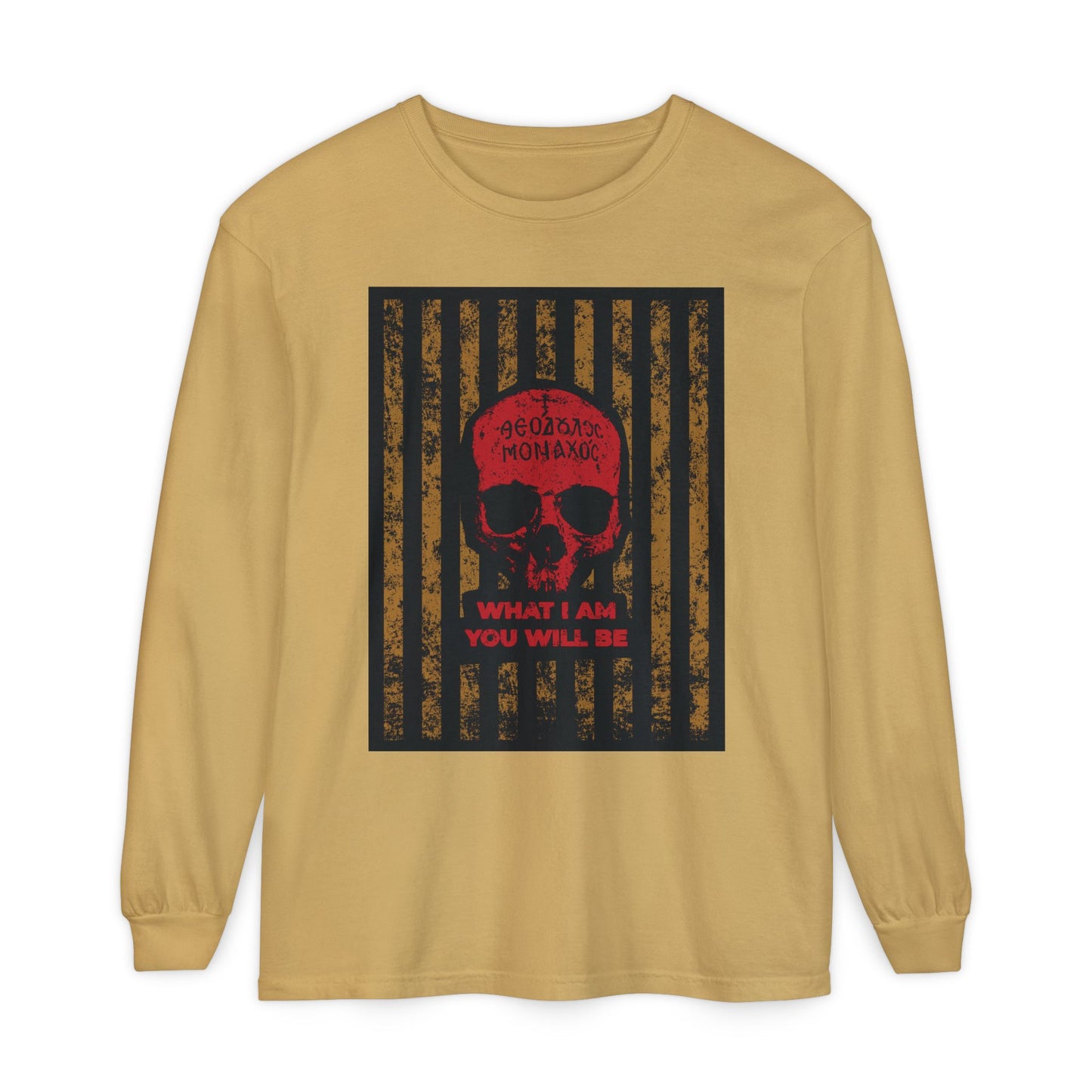 Mustard long-sleeve cotton shirt featuring a red Mt Athos monk skull, black stripes, and the text WHAT I AM YOU WILL BE—memento mori style inspired by ascetic ethos and the remembrance of death.