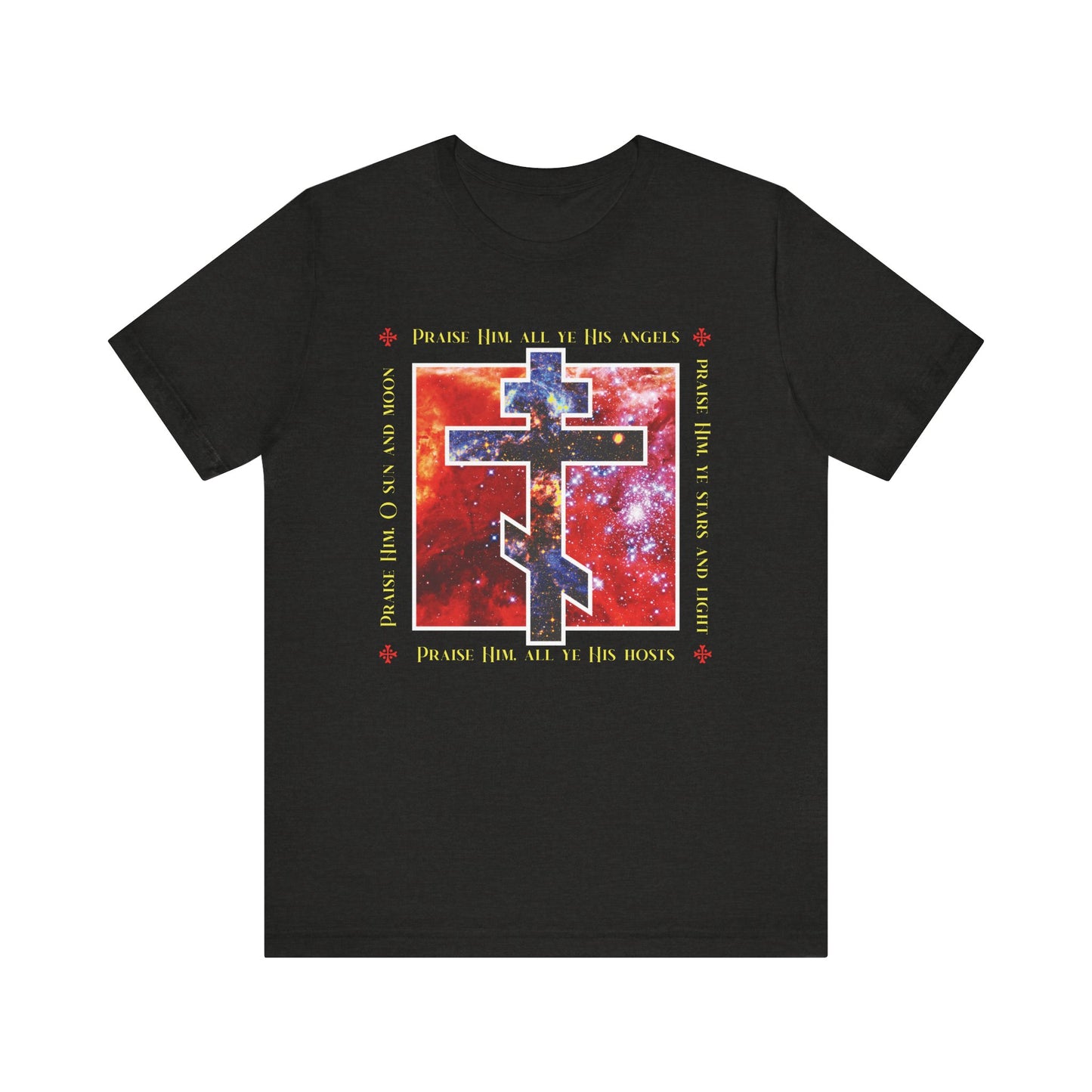 Praise Him All Ye His Angels, Praise Him Ye Stars and Light | Cosmic Orthodox Cross | Divine Council | Lightweight Cotton Unisex Tee