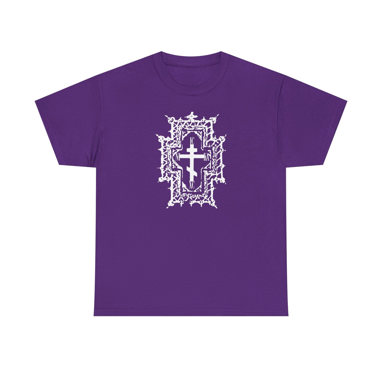 The ICXC NIKA “Healed By His Wounds” purple t-shirt features a white gothic cathedral-style Orthodox cross design on the front.