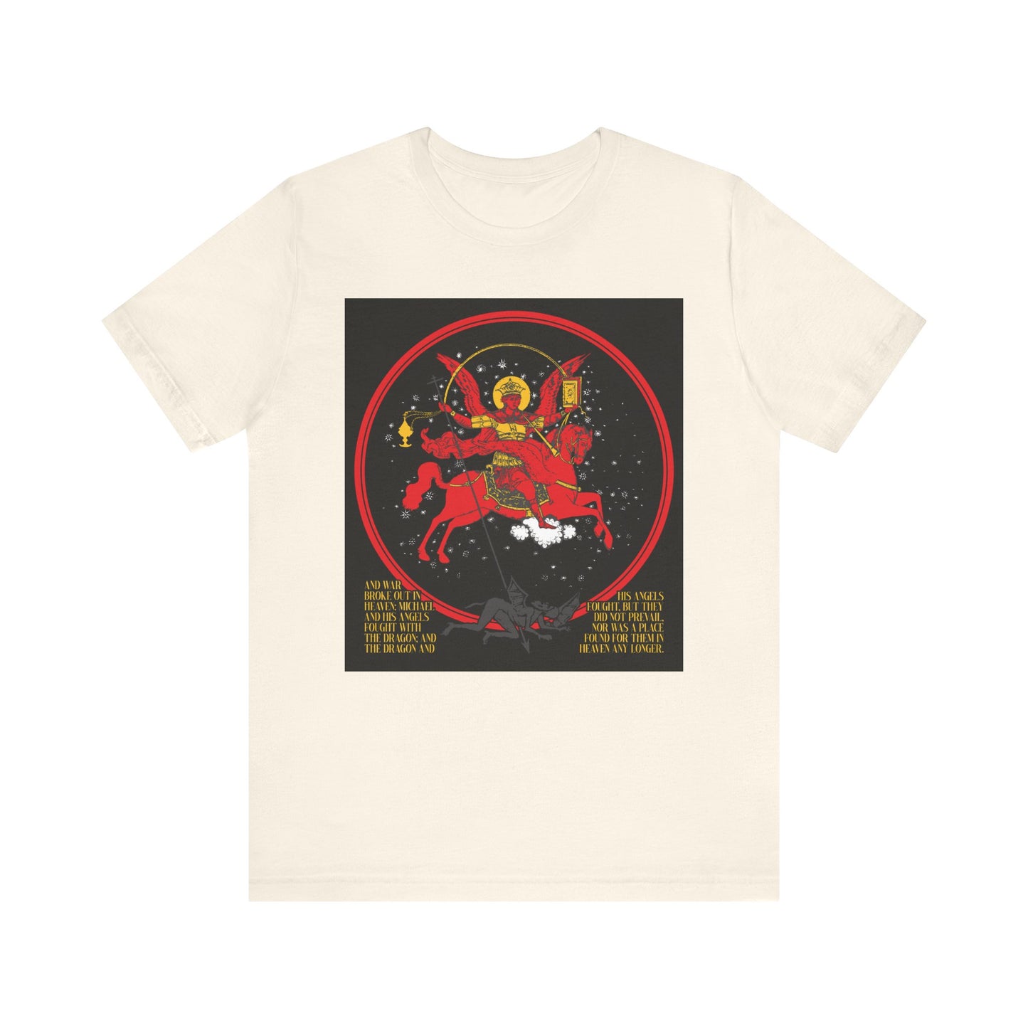 Natural cotton unisex t-shirt featuring Archangel Michael of the Apocalypse in red armor on horseback, sword raised, amid stars; inspired by Revelation 12:7-9. “Death is Swallowed Up In Victory” double-sided graphic.