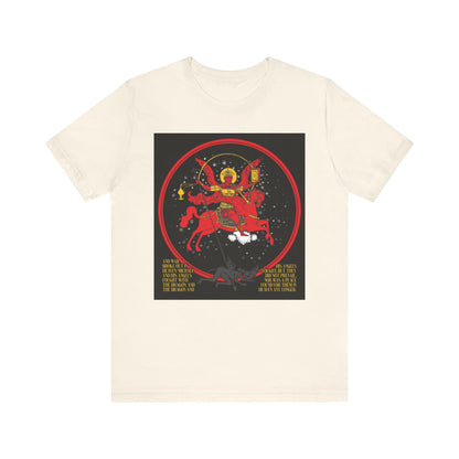 Natural cotton unisex t-shirt featuring Archangel Michael of the Apocalypse in red armor on horseback, sword raised, amid stars; inspired by Revelation 12:7-9. “Death is Swallowed Up In Victory” double-sided graphic.