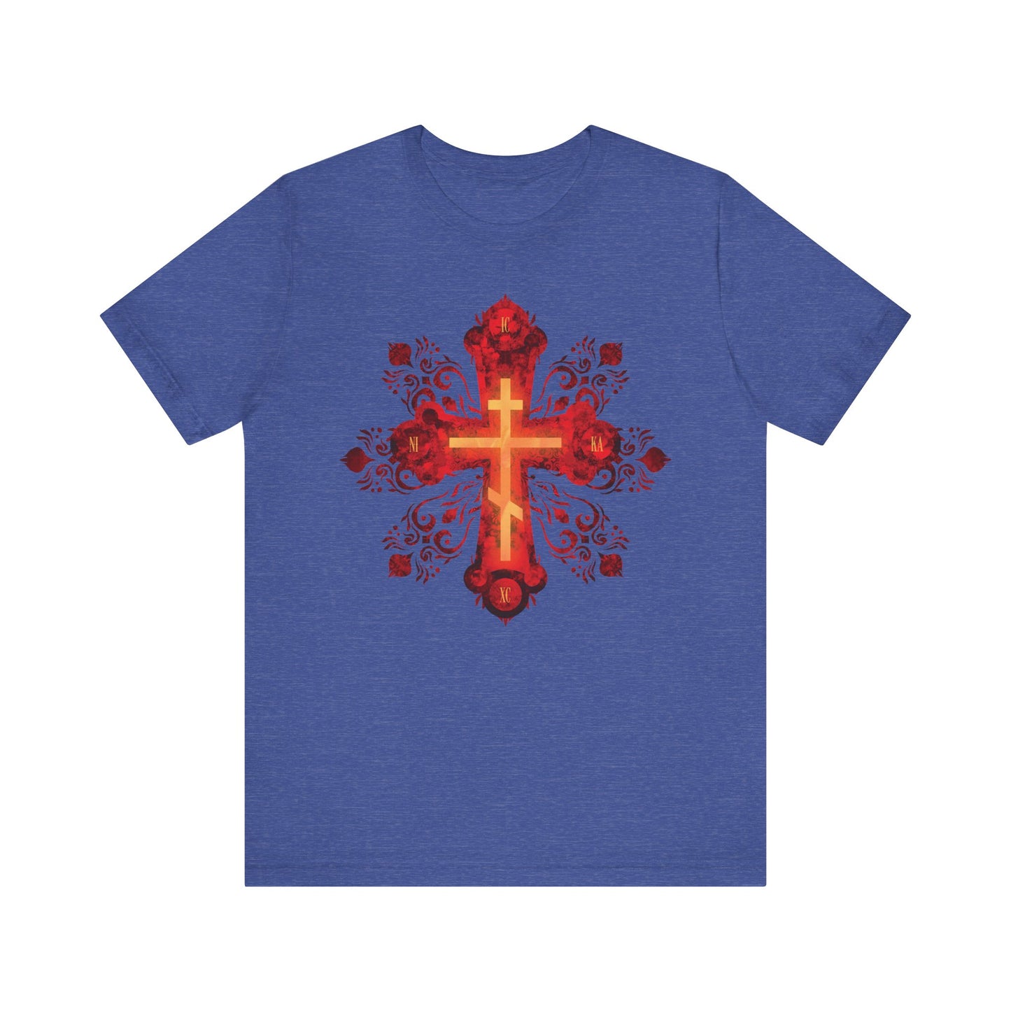 Heather True Royal tee featuring a red and gold ornate Russian-style Orthodox cross with "He was pierced for our transgressions"—a lightweight cotton unisex shirt inspired by Christian courage and faith.