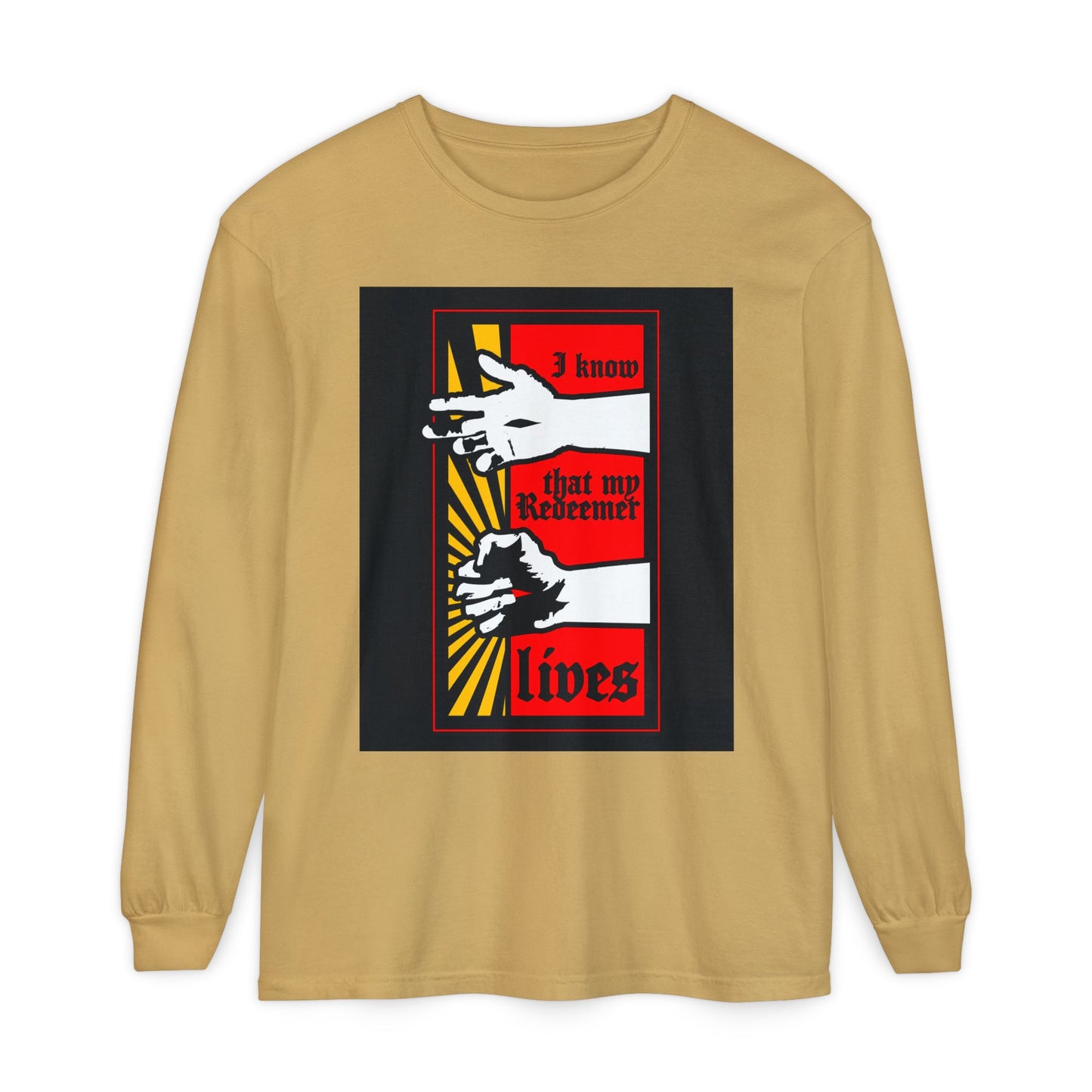 Mustard long sleeve featuring a comic book style design of resurrected Jesus’s fist with divine power and the text "I Know That My Redeemer Lives" (Job 19:25), celebrating Orthodox Christian faith.
