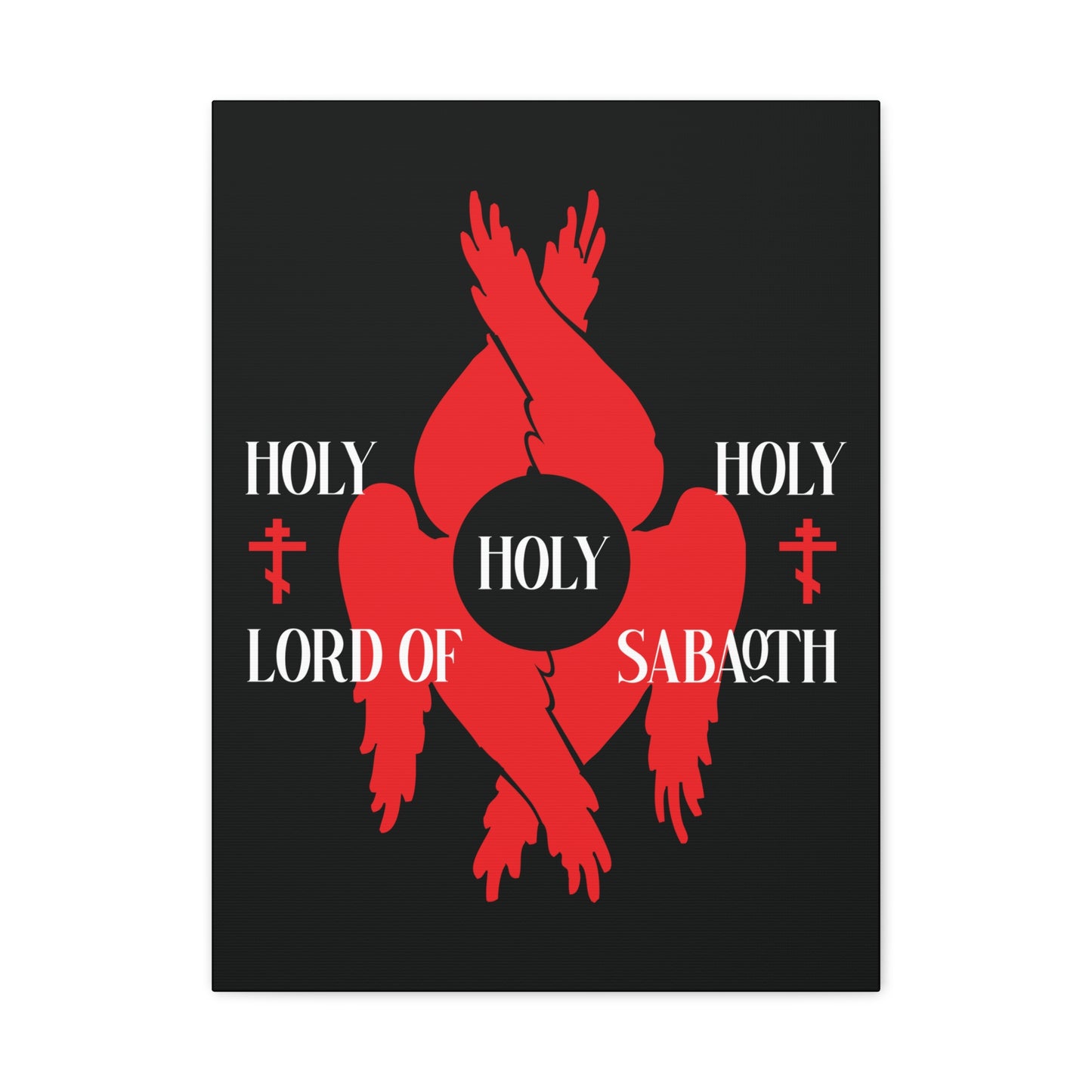 Red six-winged seraphim and Orthodox crosses on black background, with “Holy Holy Holy Lord of Sabaoth” (Isaiah 6:3); evokes the Divine Council and Anaphora. Christian canvas art inspired by St Cyril of Jerusalem.
