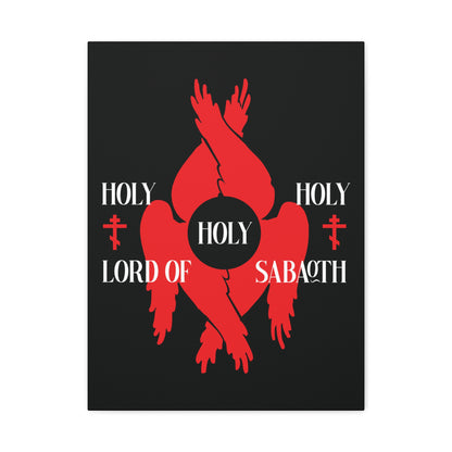 Red six-winged seraphim and Orthodox crosses on black background, with “Holy Holy Holy Lord of Sabaoth” (Isaiah 6:3); evokes the Divine Council and Anaphora. Christian canvas art inspired by St Cyril of Jerusalem.