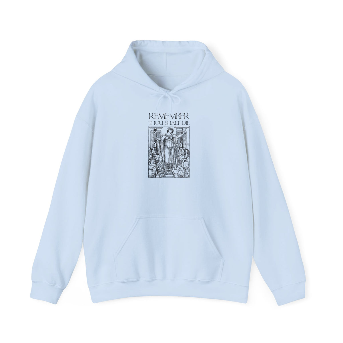 Light blue “Remember You Will Die” hoodie featuring a classic woodcut illustration and Shakespearean design, inspired by Orthodox Christian memento mori themes.