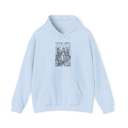 Light blue “Remember You Will Die” hoodie featuring a classic woodcut illustration and Shakespearean design, inspired by Orthodox Christian memento mori themes.