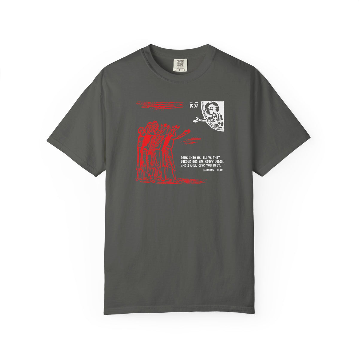 Pepper-colored heavyweight cotton unisex tee titled “Come Unto Me All Ye That Labour & Are Heavy Laden (Matt. 11:28),” featuring iconic graphic artwork with red figures gesturing toward a skeleton, white Chinese text, and an English quote about truth inspired by St Cyril of Alexandria on becoming partakers of the Holy Spirit and the divine nature.