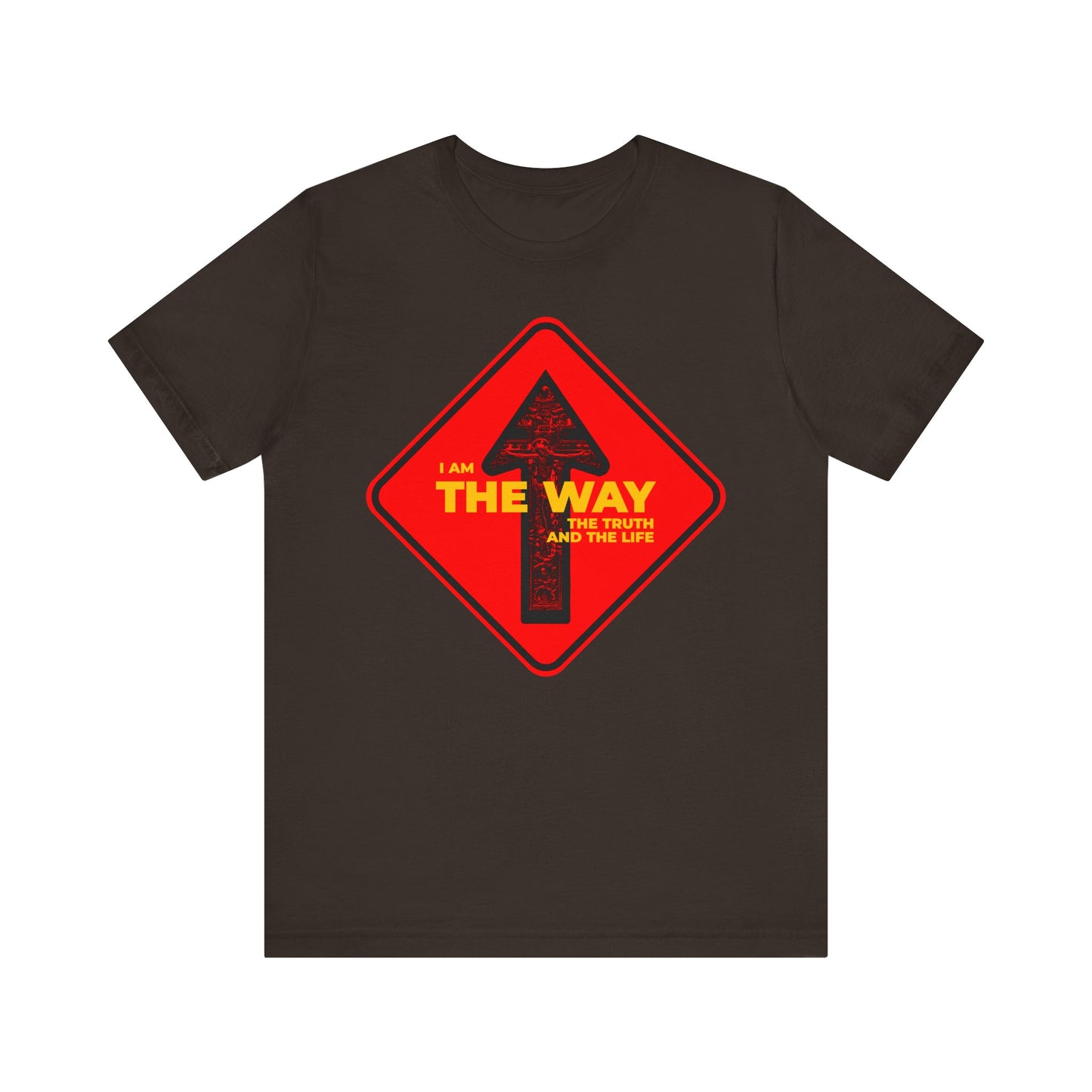 Brown unisex tee featuring a one way arrow crucifix design and “I Am the Way, the Truth and the Life” street sign—ideal for Orthodox Christians to express their faith or inspire contemplation. Lightweight cotton comfort.