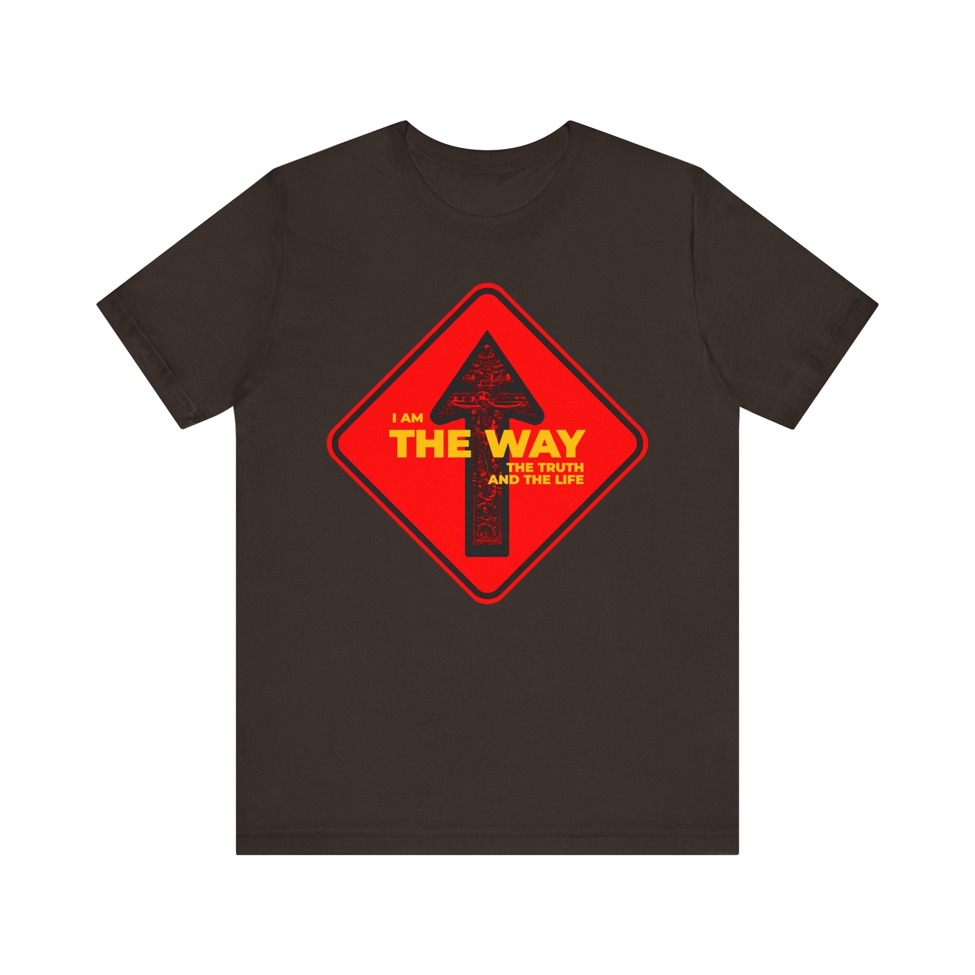 Brown unisex tee featuring a one way arrow crucifix design and “I Am the Way, the Truth and the Life” street sign—ideal for Orthodox Christians to express their faith or inspire contemplation. Lightweight cotton comfort.
