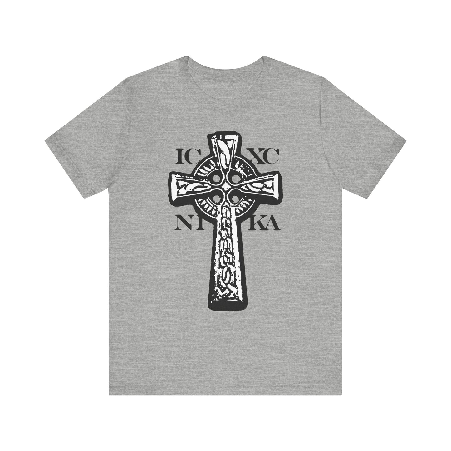 Athletic Heather unisex T-shirt featuring a black and white Celtic knotwork cross with Greek letters IC XC NIKA on a red background, symbolizing the power of Jesus Christ who conquers.