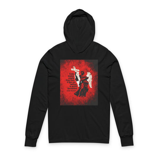 Little Divides Angels from Men | Christian Perfection | St John Chrysostom | Textured Cemetery Angel | Orthodox Long Sleeve Hooded Shirt