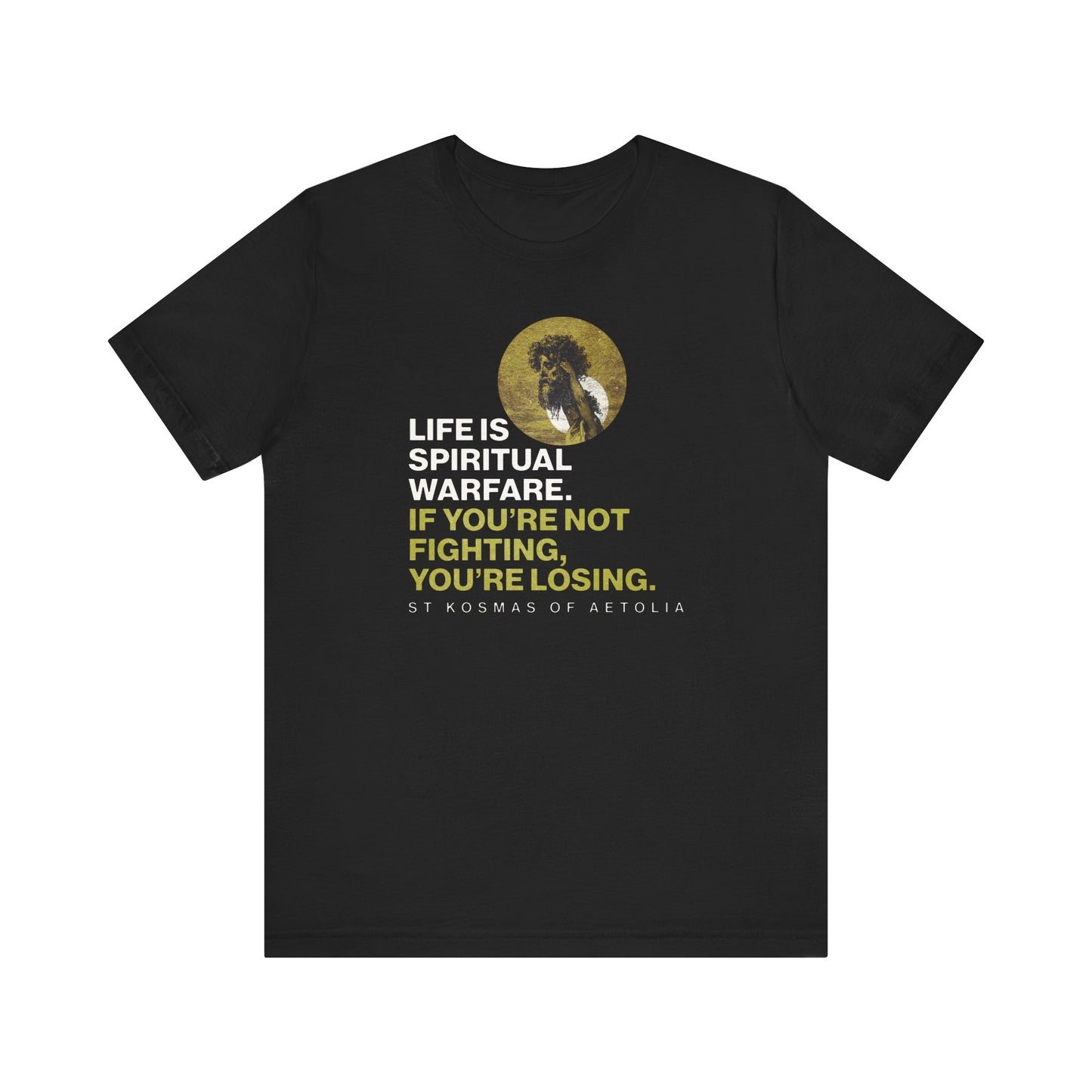 Black "Life is Spiritual Warfare" tee featuring St Kosmas of Aetolia, inspired by Gustave Dore’s David & Goliath and Unseen Warfare. Orthodox lightweight cotton unisex shirt.