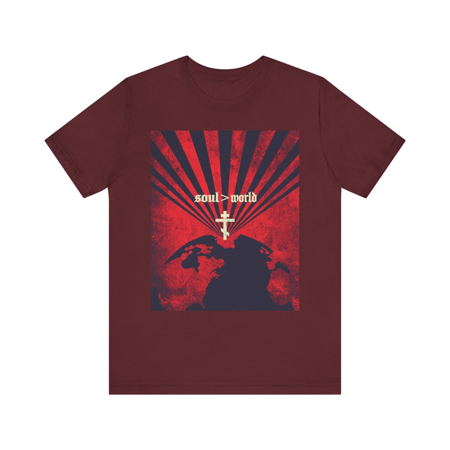 Certainly! Here’s your revised sentence using the provided product data: The maroon "What Shall it Profit a Man" lightweight cotton unisex tee features a striking red earth design with a white cross and bold "Soul Is Greater Than World" text—an impactful graphic inspired by Matthew 16:26 and Jesus’ teaching to take up your cross.