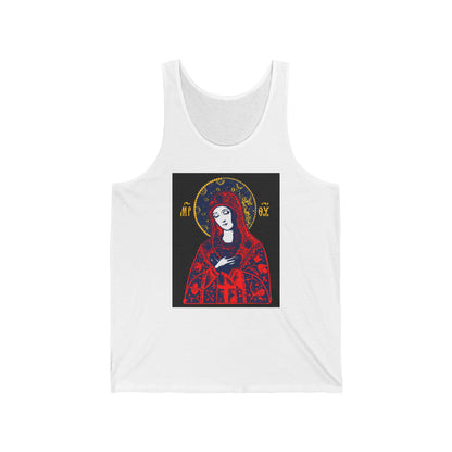 Joy of All Joys Tenderness Theotokos Iconographic Based on Traditional Orthodox Iconography | Red Design | Orthodox Christian Jersey Tank Top