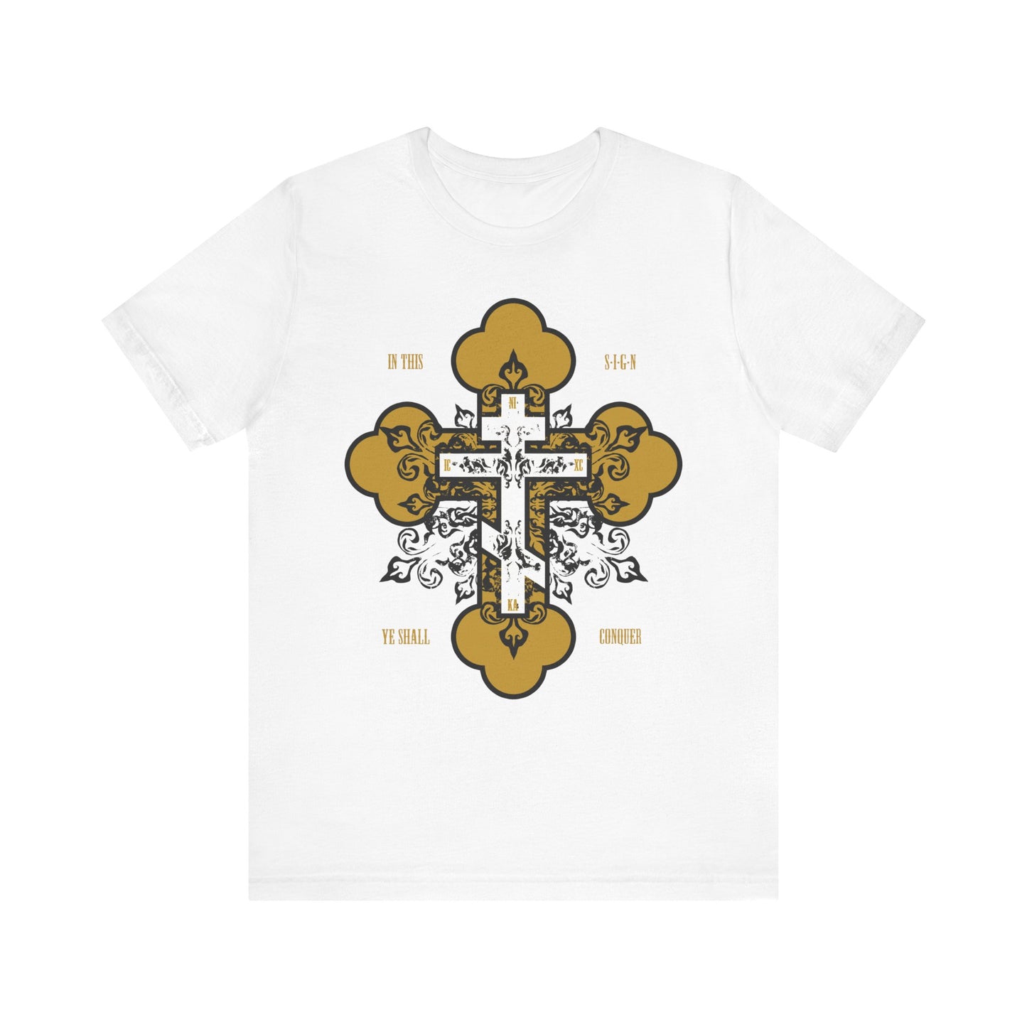 White lightweight cotton unisex tee featuring an ornate gold Orthodox cross and "In This Sign Ye Shall Conquer" text, inspired by the phrase "In Hoc Signo Vinces.