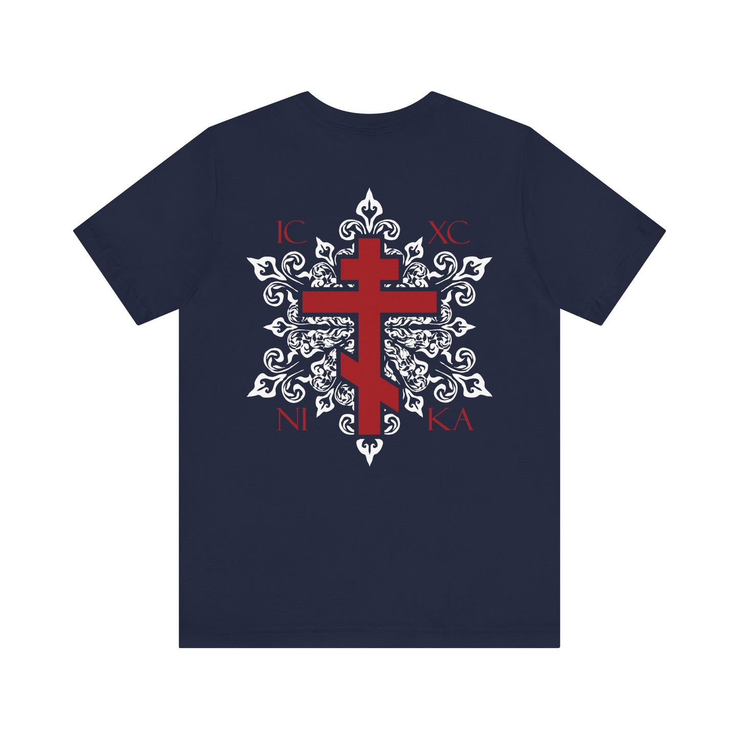 The ICXC NIKA Red Orthodox Cross BACK w/ Red Cross on Front Left Breast Lightweight Cotton Unisex T-Shirt features a navy color with an ornate red Orthodox cross, white medieval floral design, and the Greek letters IC XC NI KA; available as a custom order for a truly personalized touch.