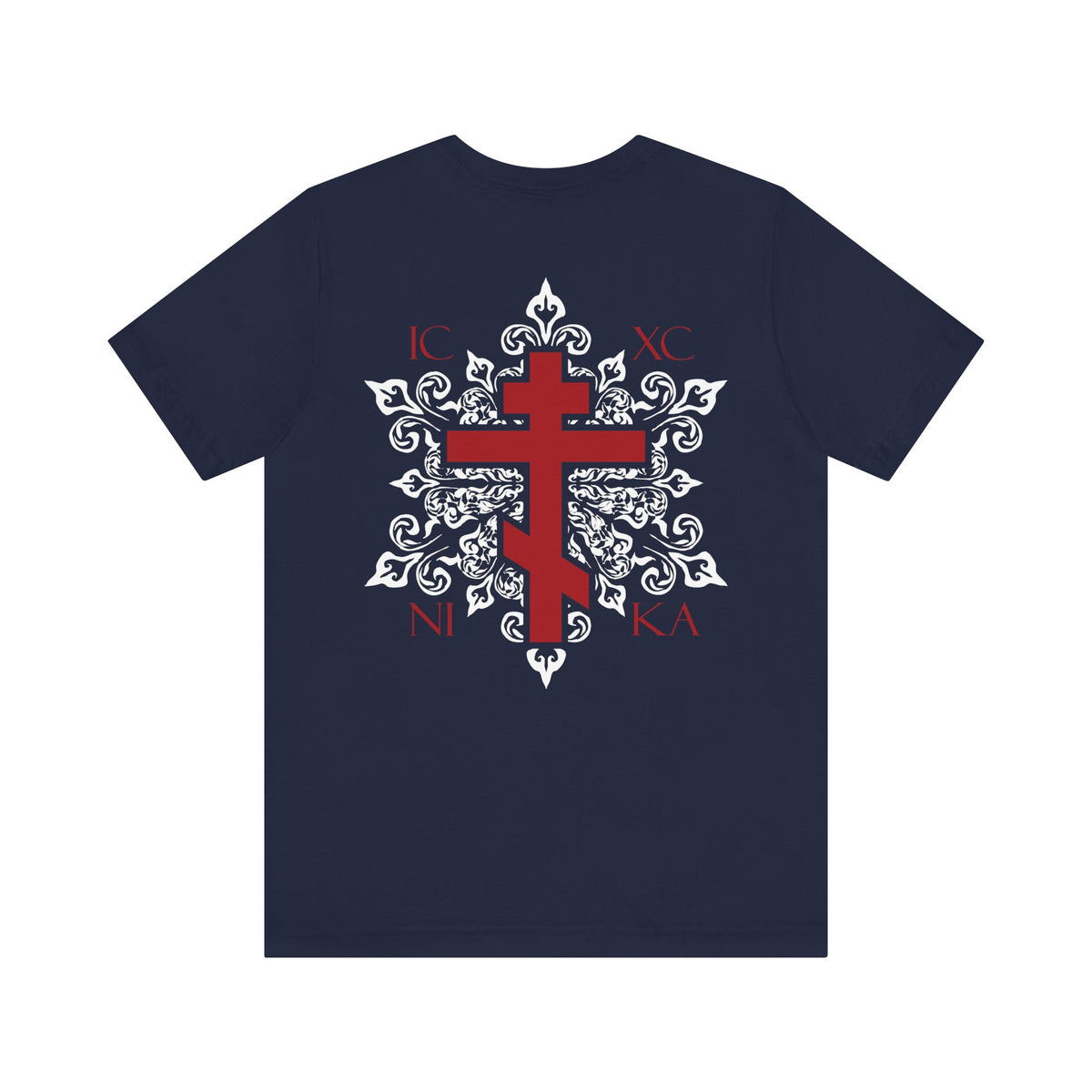 The ICXC NIKA Red Orthodox Cross BACK w/ Red Cross on Front Left Breast Lightweight Cotton Unisex T-Shirt features a navy color with an ornate red Orthodox cross, white medieval floral design, and the Greek letters IC XC NI KA; available as a custom order for a truly personalized touch.