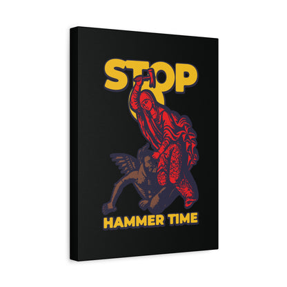 Modern Orthodox meme wall art featuring St Marina of Antioch beating the devil with a hammer, red, blue, and yellow design with bold "STOP HAMMER TIME" text. Christian decor for your space.