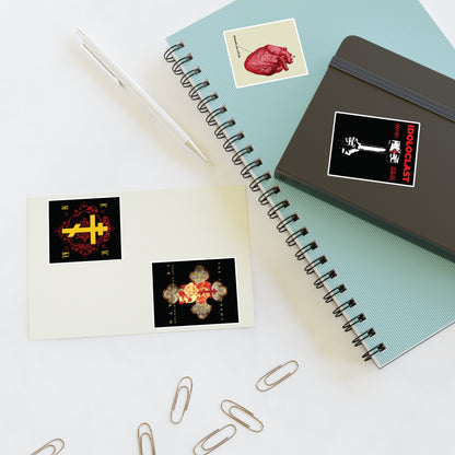 Bestseller Mix No. 2 Four Orthodox Stickers, a pen, paperclips, & an ICXC NIKA postcard on white surface.
