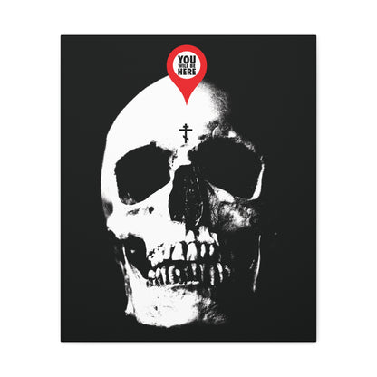 The "You Will Be Here Maps Marker on Skull" canvas art features a white skull with a location pin and cross, inspired by Orthodox Christian memento mori and St. Ignatius Brianchaninov—reminding you: What You Are I Once Was; Remember You Will Die.