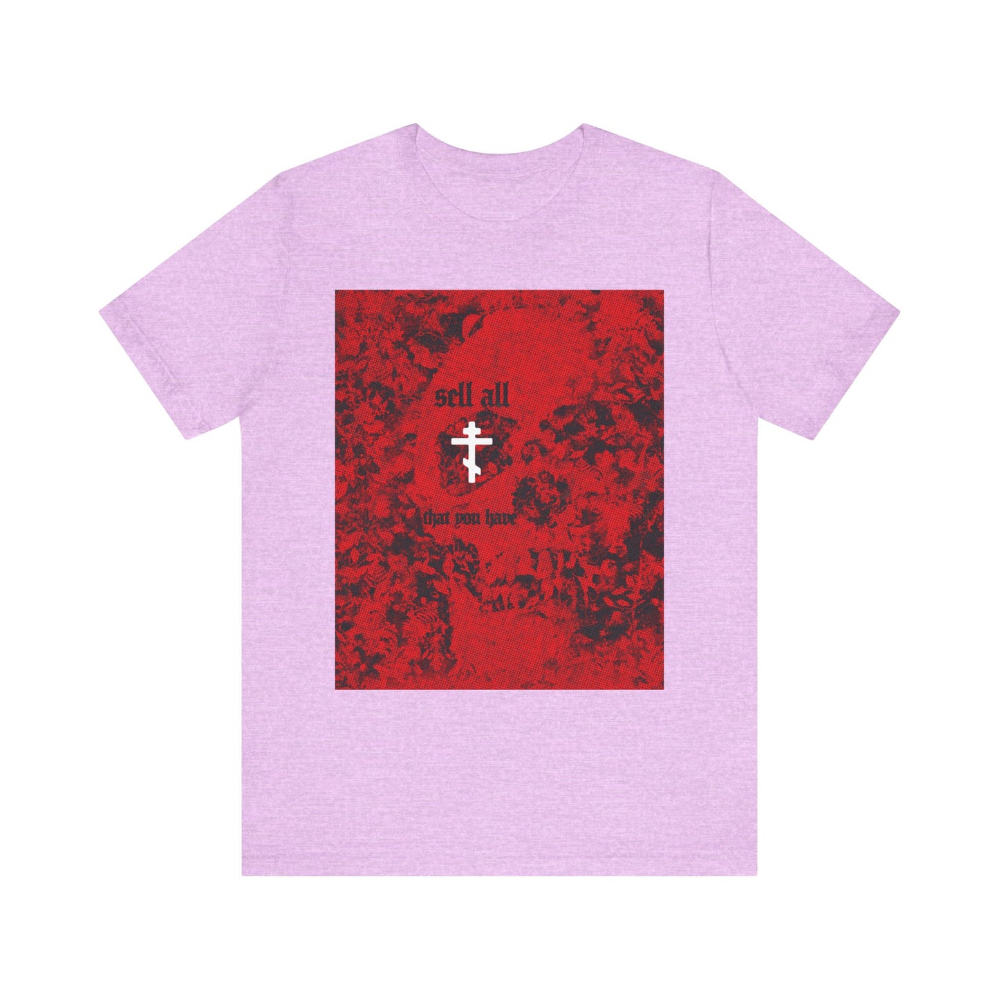 Heather Prism Lilac unisex t-shirt featuring a red halftone skull graphic, a white Orthodox cross, and the text "sell all that you have," inspired by Matthew 19:21 and the call to follow Christ for eternal life.
