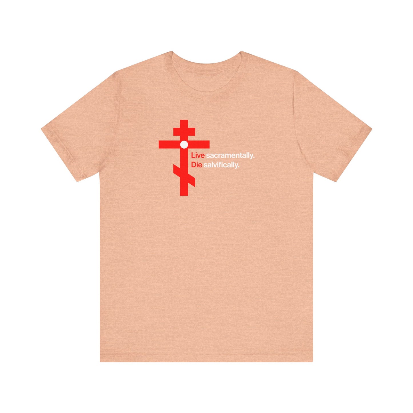 Heather Peach unisex tee featuring a red Orthodox cross in a white circle and "Live Sacramentally, Die Salvifically" text. Lightweight cotton. Inspired by memento mori and St John Climacus’s teachings on holy humility.