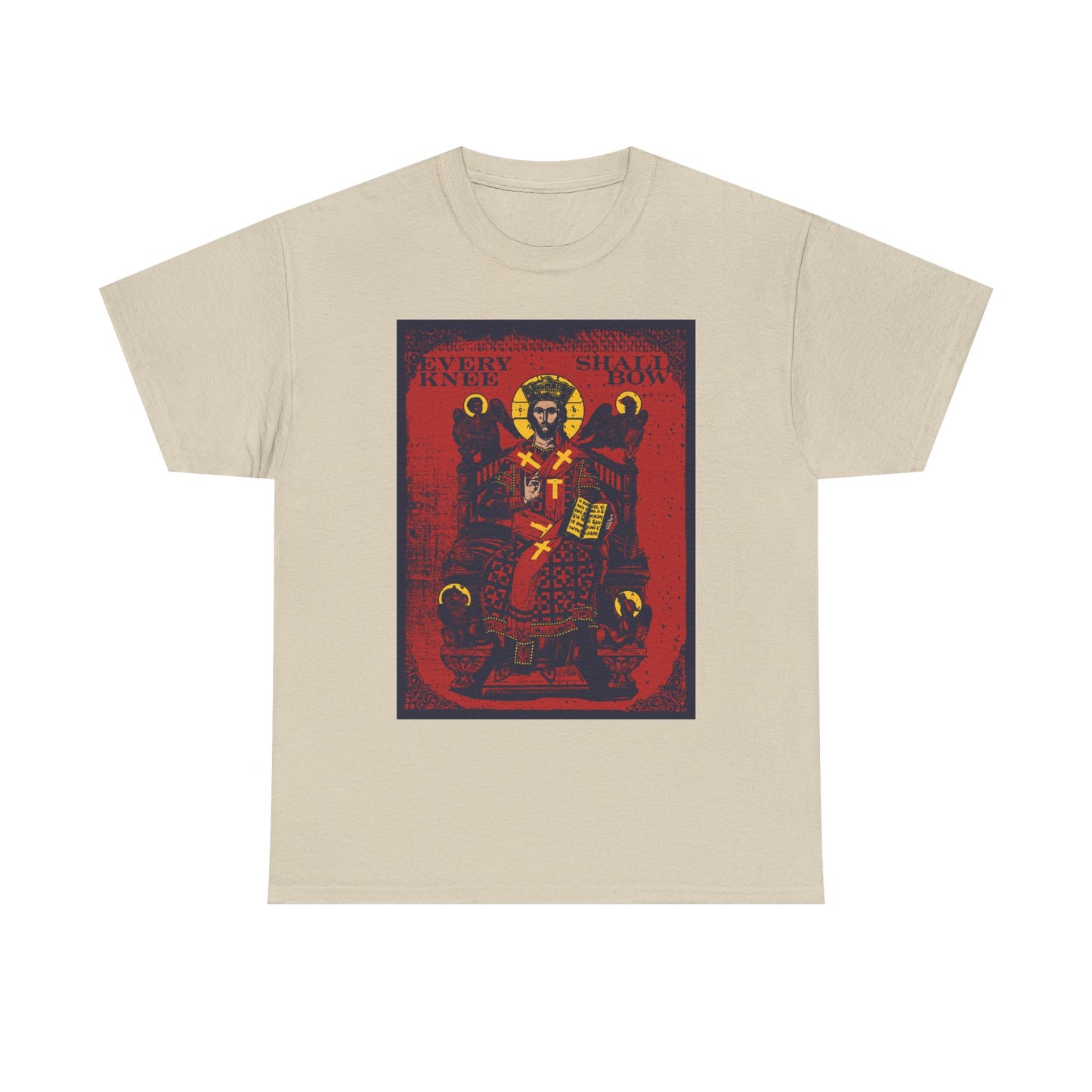 Sand heavy cotton t-shirt featuring a Christ Enthroned iconographic design and “Every Knee Shall Bow” text, inspired by Phil 2:8-11 & Isaiah 45:23 with Ezekiel's Chariot graphic.