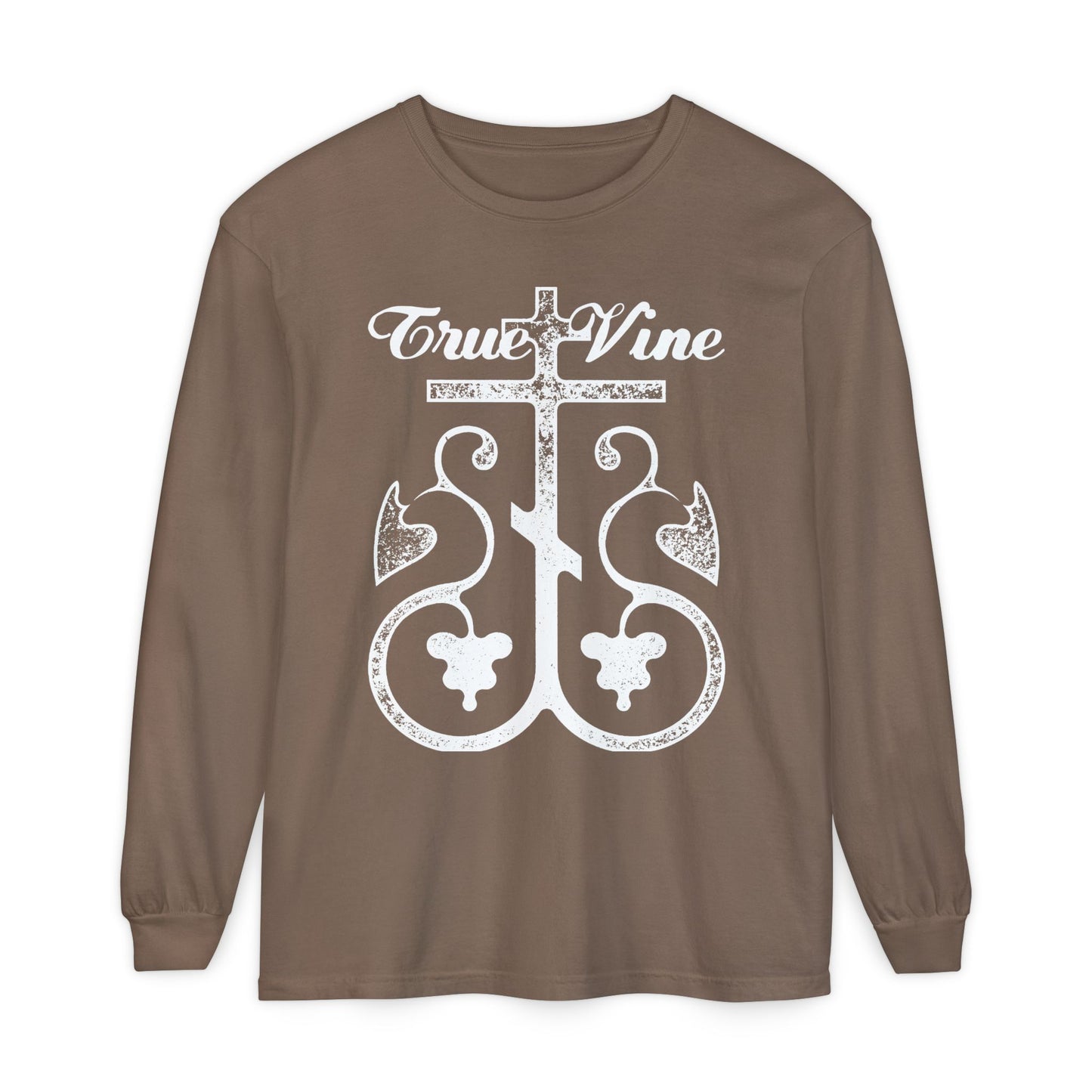 I Am the True Vine (John 15, Ezekiel 15) | Orthodox Cross with Grape Vine | Photocopy Effect | Orthodox Long Sleeve Cotton Shirt
